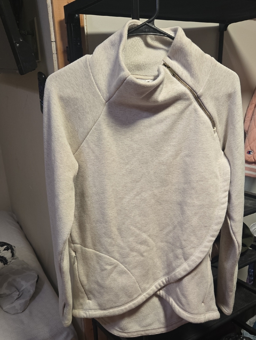 Athleta Cream Asymmetric Funnel-Neck Teddy Jacket